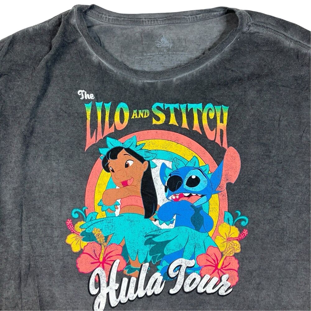 Disney T Shirt Womens XL Gray Lilo & Stitch Hula Tour Black Graphic Hawaii Tee